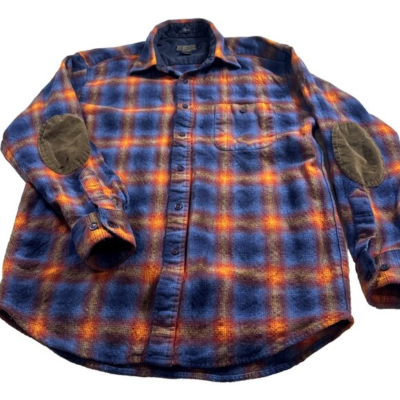 Mens Pendleton Blue Orange Shadow Plaid Trail Shirt Elbow Patch Pad Size Large - Picture 2 of 16